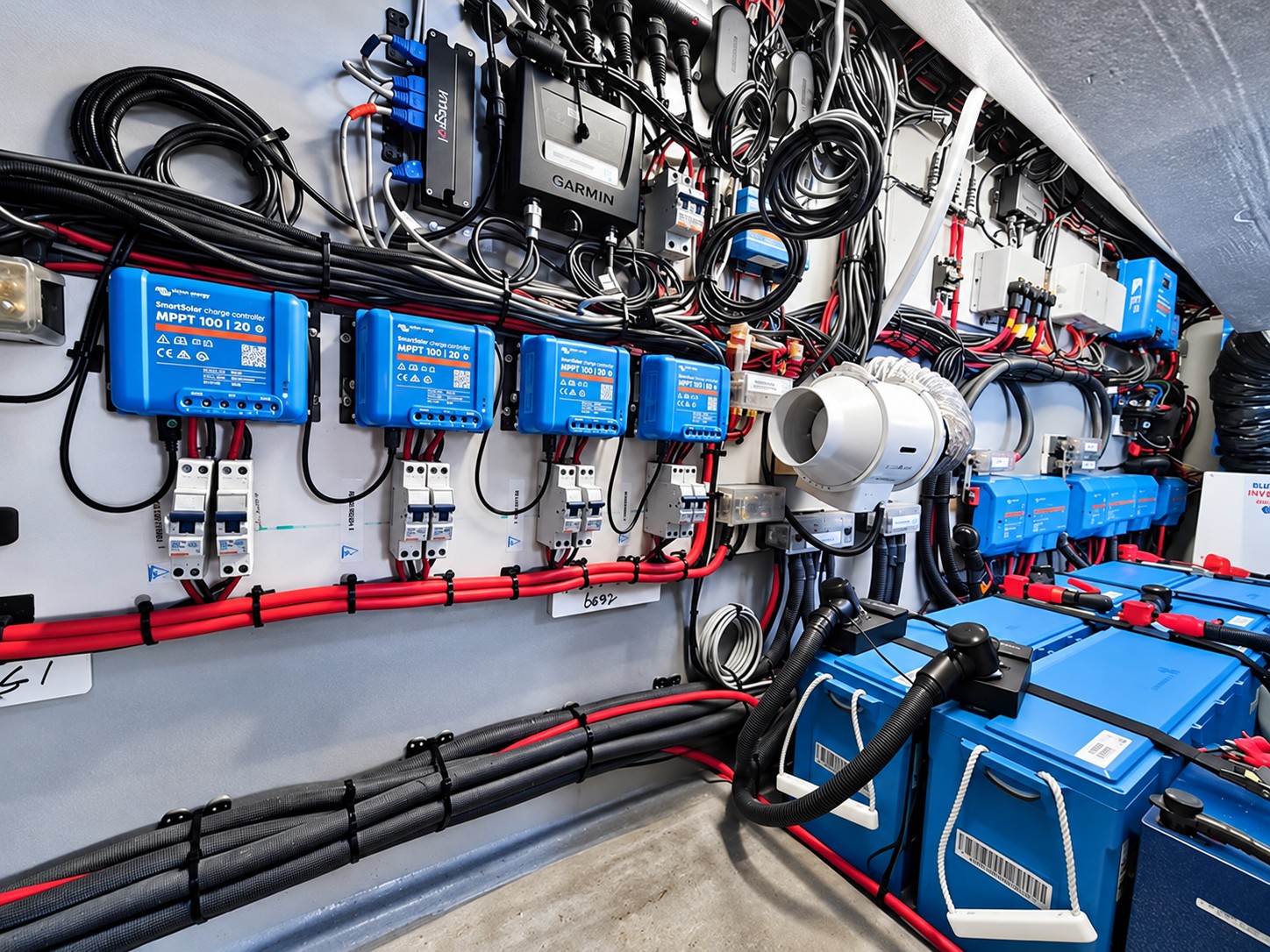 Retouched owner-supplied yacht installation photograph showing marine electronics, power systems and battery banks
