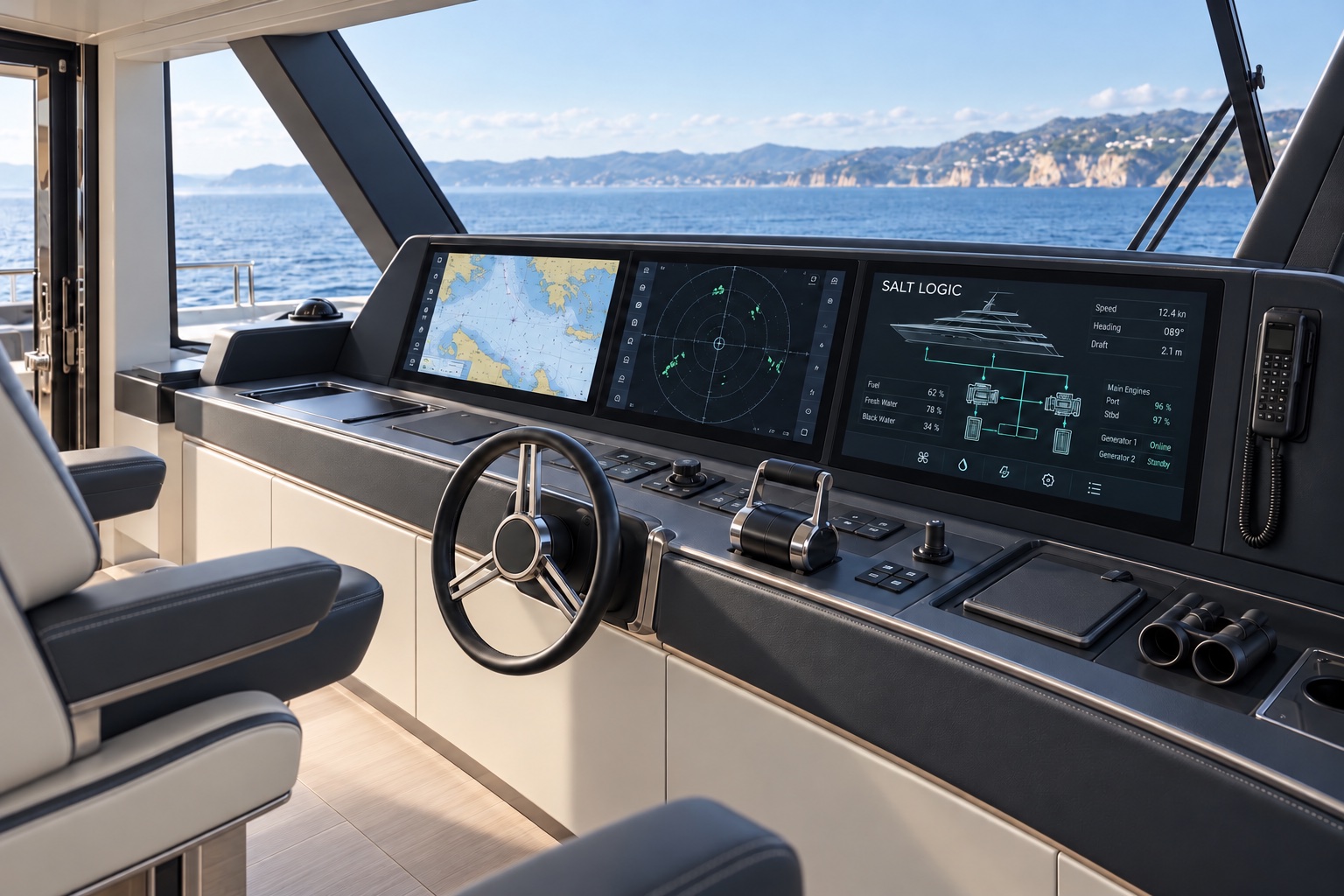 AI concept of a contemporary yacht helm with slim navigation displays and a separate illustrative Salt Logic systems dashboard overlooking blue water